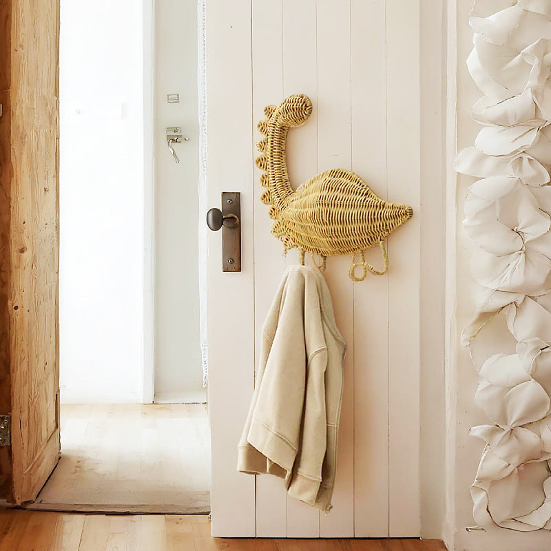 Handmade Woven Rattan Dinosaur Hook Rack for Wall Decoration with Starfish