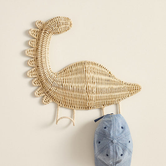 Handmade Woven Rattan Dinosaur Hook Rack for Wall Decoration with Starfish