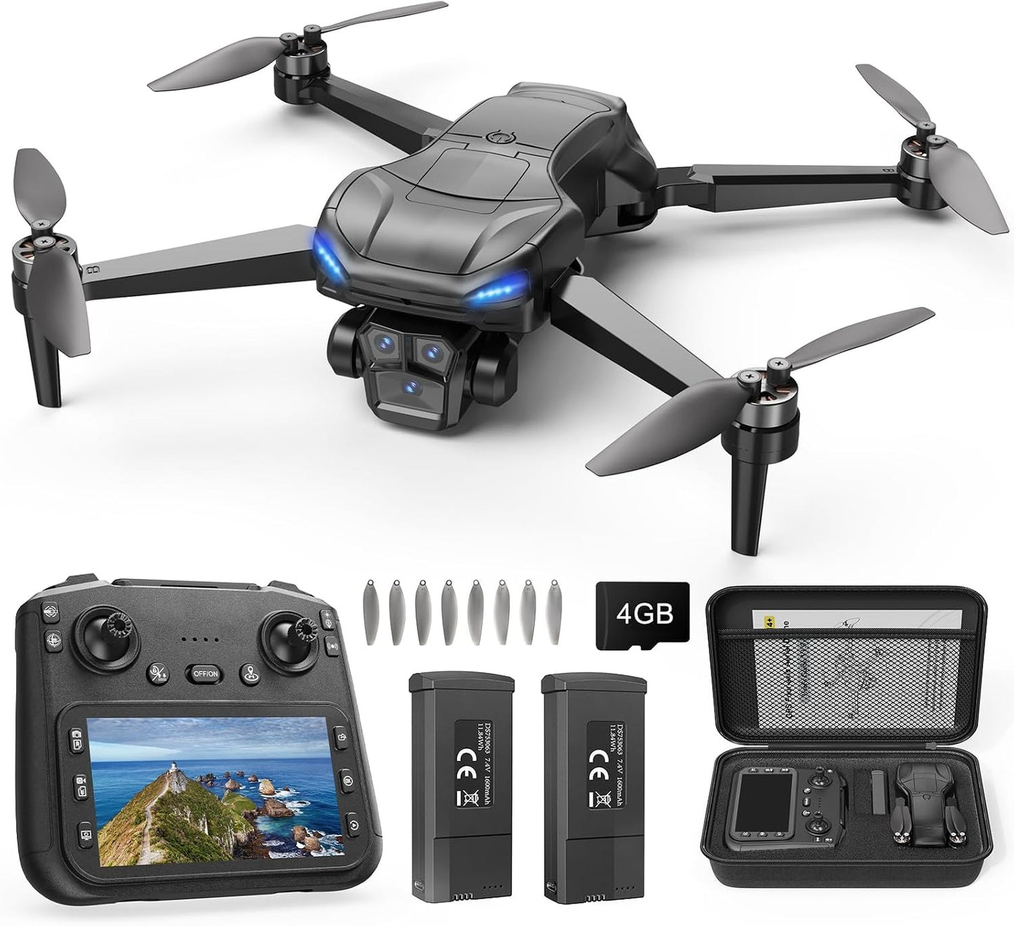 GPS Drone with Camera for Adults - 4K Drone with 4.5” FPV Screen Controller, 60 Min Flight, Brushless Motor Foldable Quadcopter, Auto Return, Follow Me, 3 Speed Modes for Beginners - Gift Under 249g