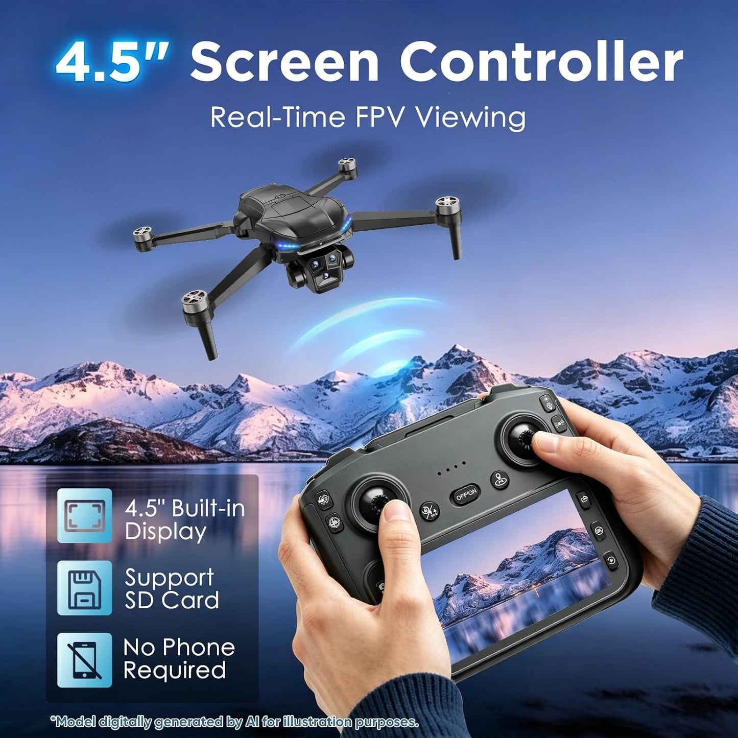 GPS Drone with Camera for Adults - 4K Drone with 4.5” FPV Screen Controller, 60 Min Flight, Brushless Motor Foldable Quadcopter, Auto Return, Follow Me, 3 Speed Modes for Beginners - Gift Under 249g